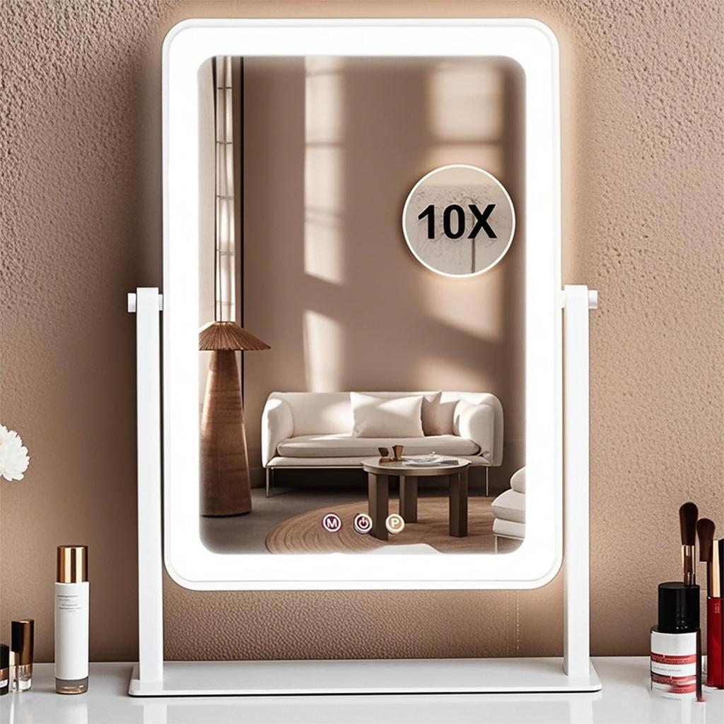 2025 Neueste Wiederaufladbare Schauspielerin Tischleuchte Beleuchteter Make-up Hollywood Spiegel 10x LED Drei-Farb-Beleuchtung Stufenlos Einstellbar Rotation USB Beliebt