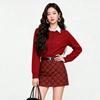 Fei Yuan Women's Red Plaid Wool A-line Skirt with Belt - Short, Anti-exposure, Perfect for Autumn/Winter.