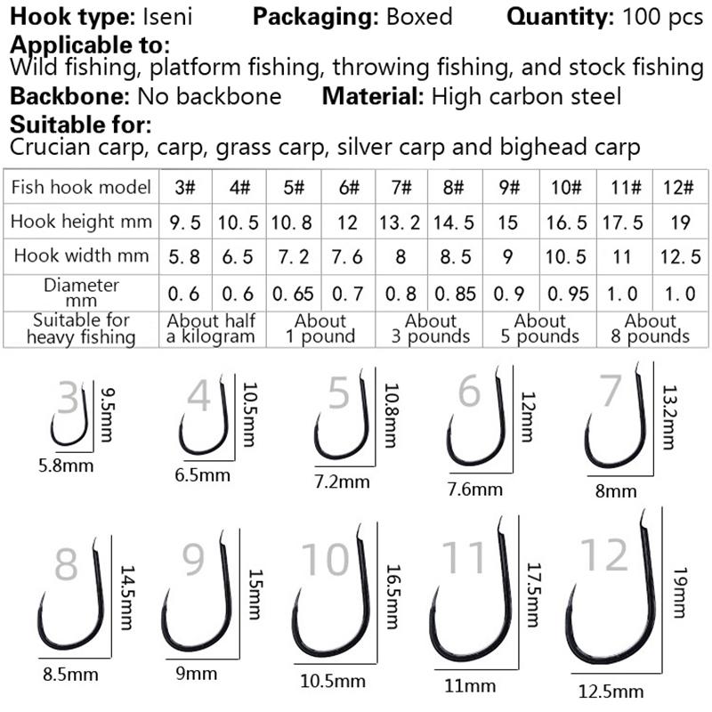 100 Stück verpackt Iseini Haken Widerhakenlos Kohlenstoffstahl Schwarz Karpfenangeln Wildangeln Langer Schenkel Schwarz Karpfenangeln Zubehör