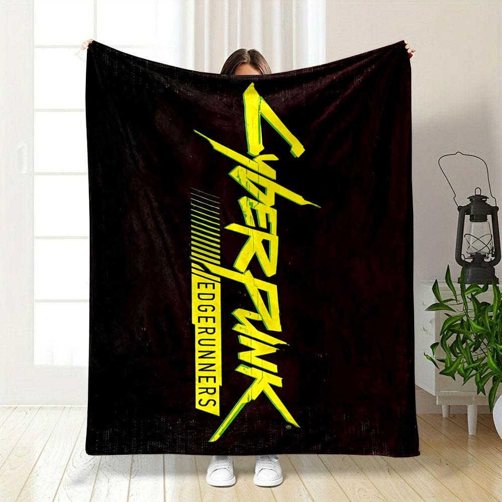 Bold yellow text "Cyberpunk Edgerunners" on a dark, glitchy background. for all seasons blanket lunch break throw gift