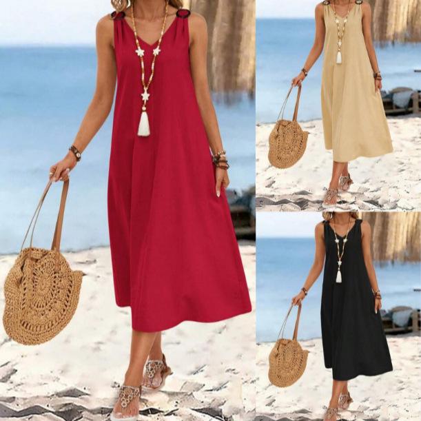 

Elegant Solid Color Round Buckle V-Neck Sleeveless Long Dress for Women - Summer 2025 Collection XXL чорний
