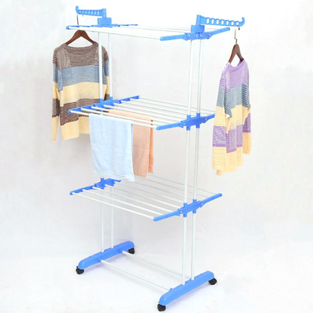 4-Tier Movable Foldable Laundry Drying Rack Free Standing with 4 Rolling Casters 2 Side Wings 24 Rods Space-Saving for Towels Cl