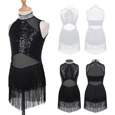 Girls Shiny Rhinestone Sequin Jazz Dance Dress Sheer Mesh Tassel Hem Skating Ballet Leotards Dresses Stage Performance Dancewear