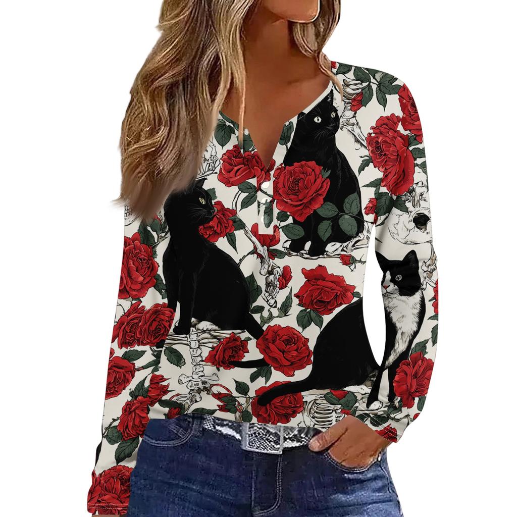 Women's Casual Long Sleeve V-Neck T-Shirt with Halloween Print and Decorative Buttons