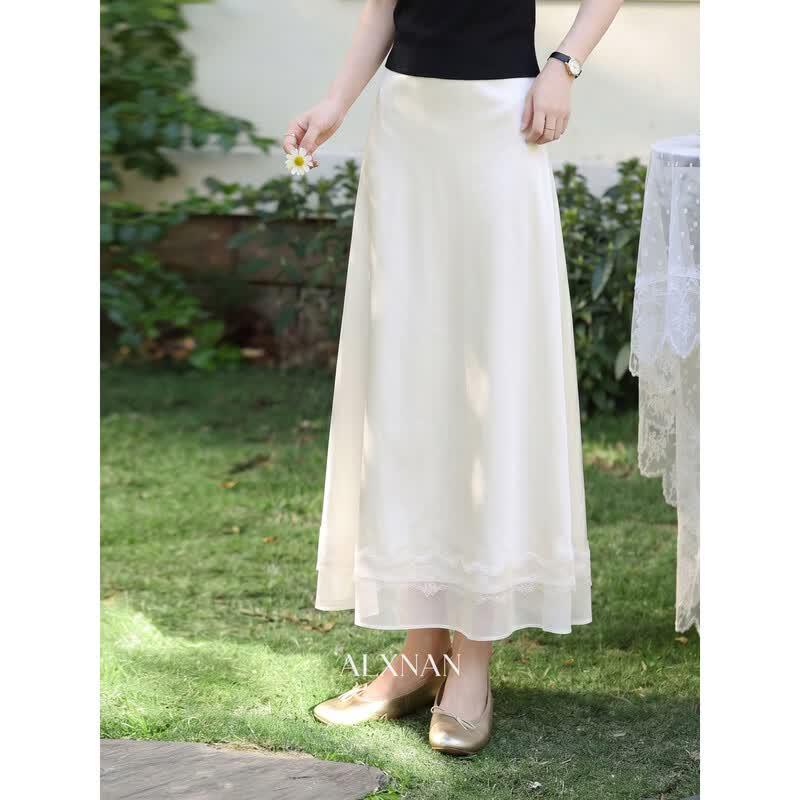 Women's Apricot Satin High-Waist A-Line Midi Skirt with Lace