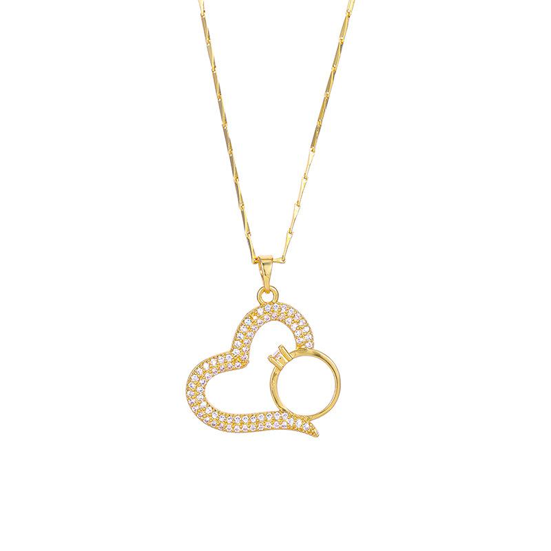 Full Diamond Love Necklace Female Simple Design Versatile Zircon Heart Ring Pendant Clavicle Chain