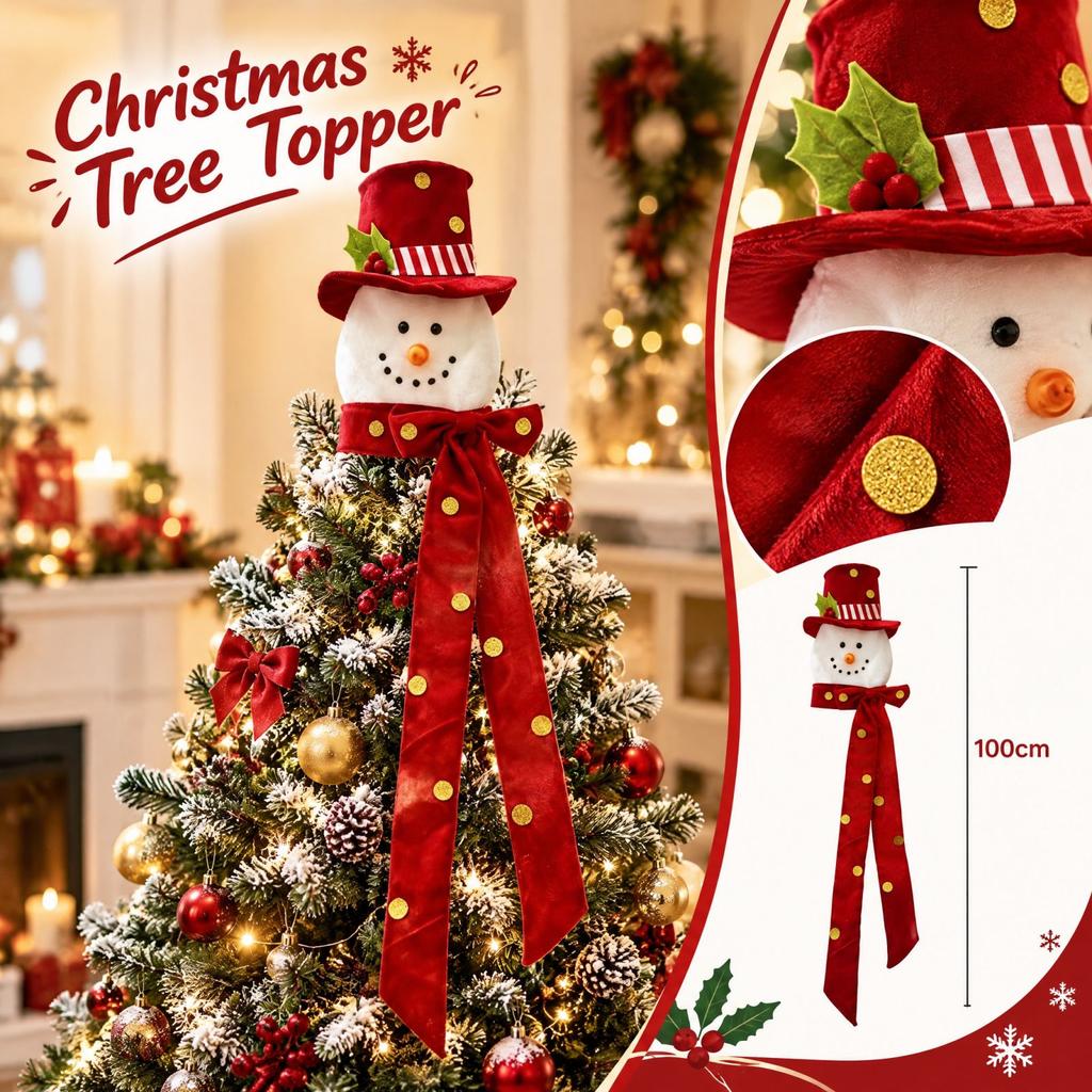 Christmas Tree Topper, Snowman with Red Hat and Gold Polka Dots, Holiday Decoration for Home, Restaurant, Mall
