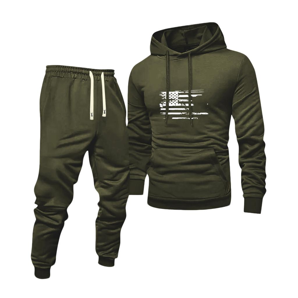 Men's Solid Color Flag Print Hooded Universal Versatile Hooded Sweatshirt Sweatpants Casual Sports Suit