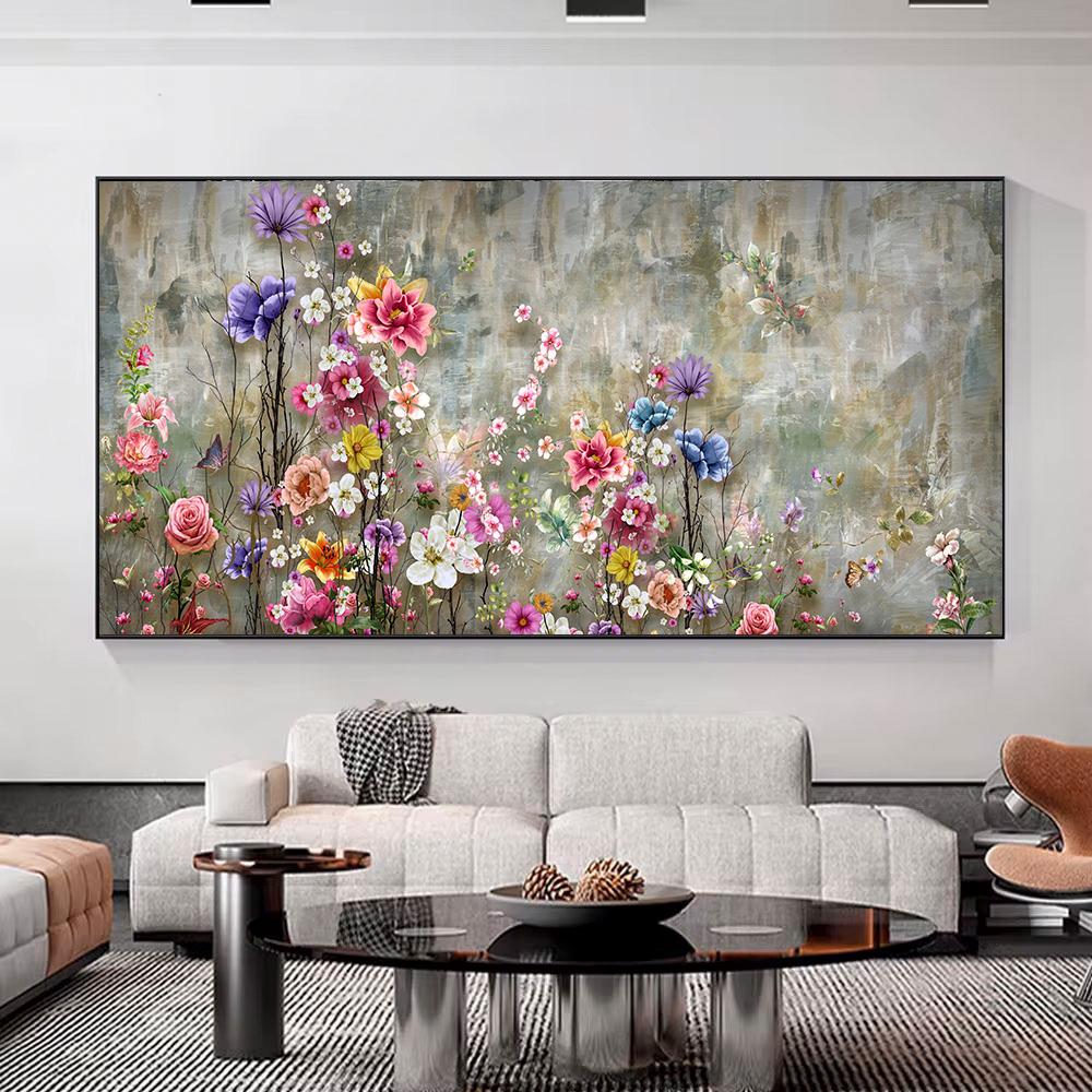 Abstrakte Orange Lila Blumen Leinwandmalerei Poster und Drucke Grüne Blätter Wandkunst Bilder für Modernes Wohnzimmer Cuadros Decor