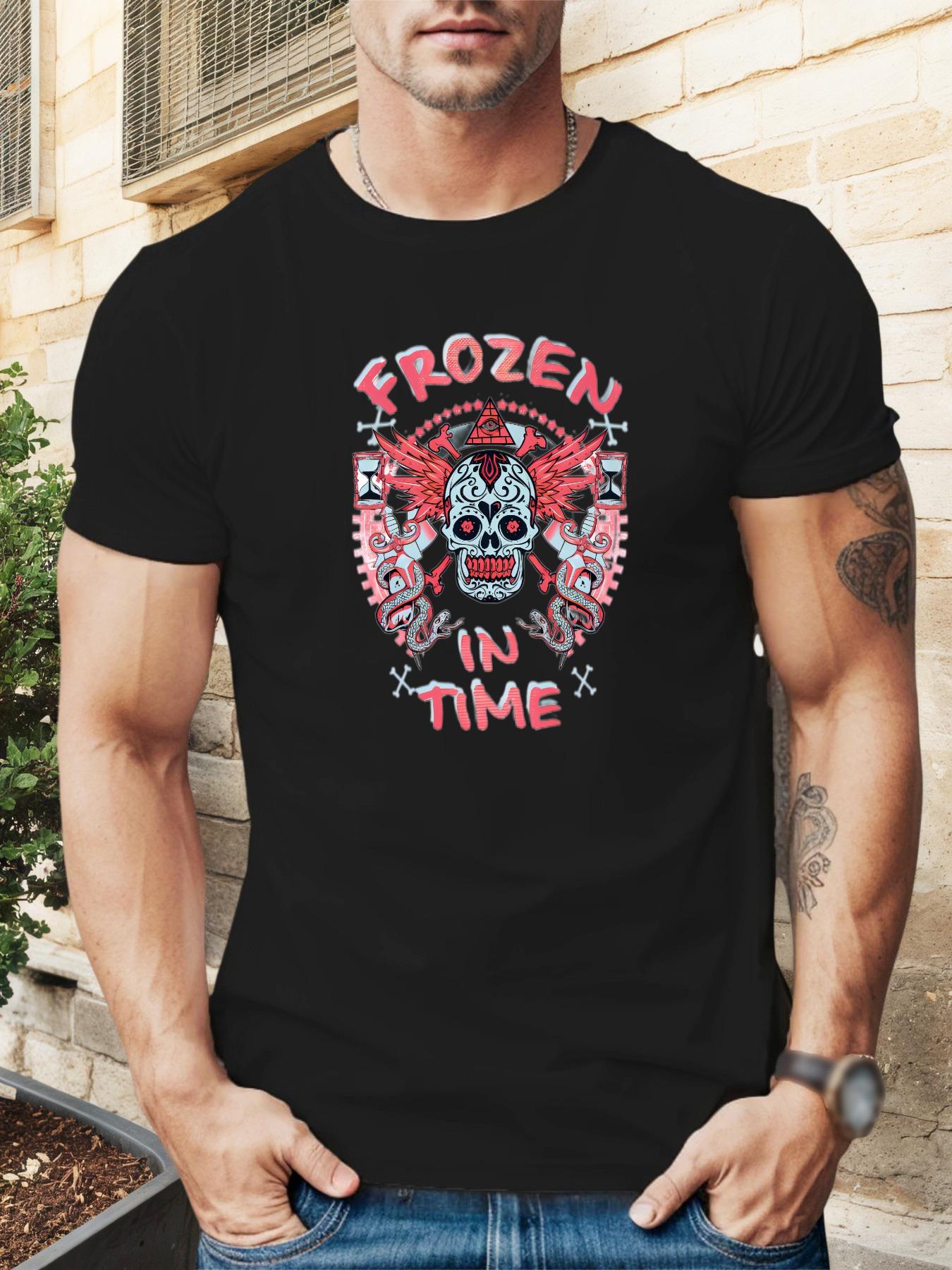 Frozen in Time  Skull Graphic T-shirt - Red Casual Summer Cotton Tee with Bold White Print XXXL
