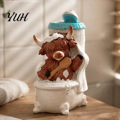 Miniature Bathroom Decor Highland Cow Figurine, Resin Scottish Calf Bathing Statue, Funny Farmhouse Style Figurine Animal Ornament for Home
