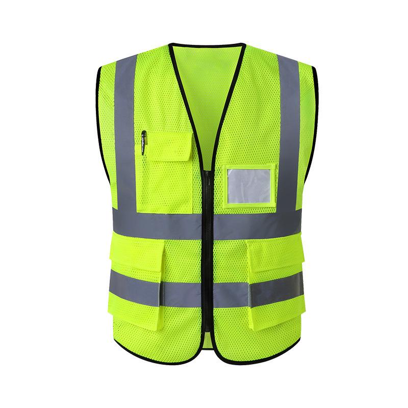 Fluorescent Mesh Safety Vest with Reflective Strips and Multi-Pocket Design
