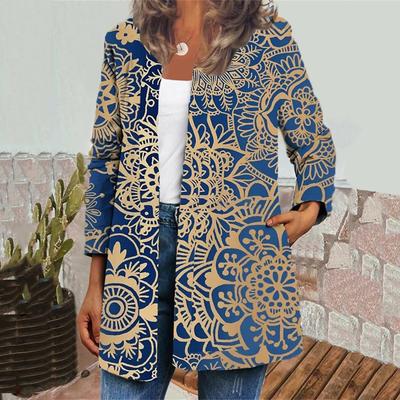 Mode Damen Vintage Ethno-Print Langarm Jacke Jacke Cardigan Top