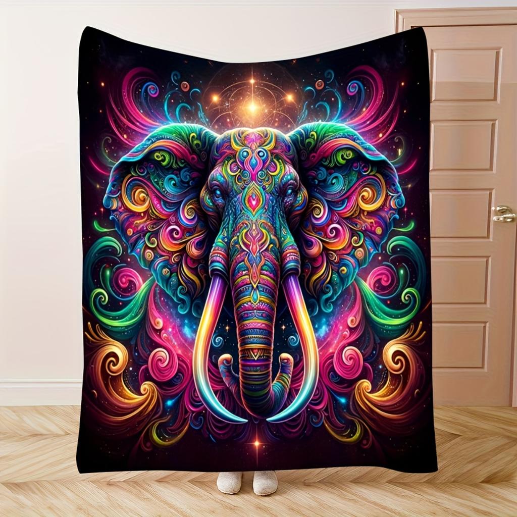 A Vintage-style, Vibrant Abstract Art Elephant-themed Flannel Blanket - Soft and Warm, Perfect for Camping, Sofas, Beds, and Cha