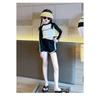 Girls' Swimwear Mid-Size Long-Sleeve Two-Piece Set—Polyester Color-Blocked Activewear for Sports Leisure and Hot Springs