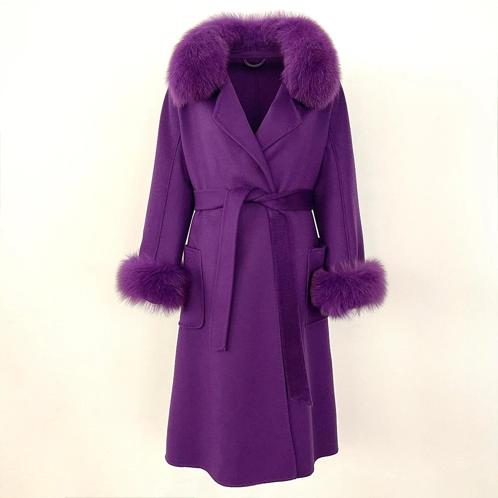 Woman Trend 2024 Autumn Winter 100% Double-sided Wool Coat Ladies Real Fox Fur Collar Detachable Long Coat