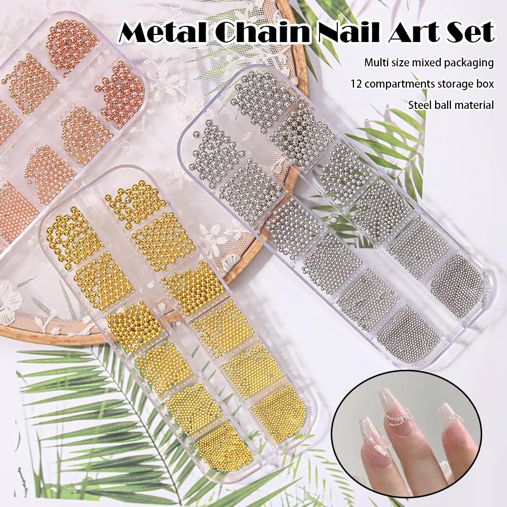12Grids Mixed Mini Round Beads Nail Art Decor DIY 3D Nail Charms Micro Metal Ball Gold Silver Black Metal Beads for UV Gel Nail