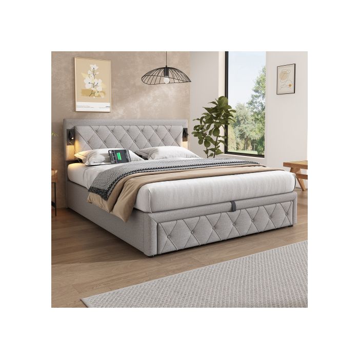 Lit capitonné - MUVOE - 160x200 cm - avec downlights - port USB - tête de lit en lin gris