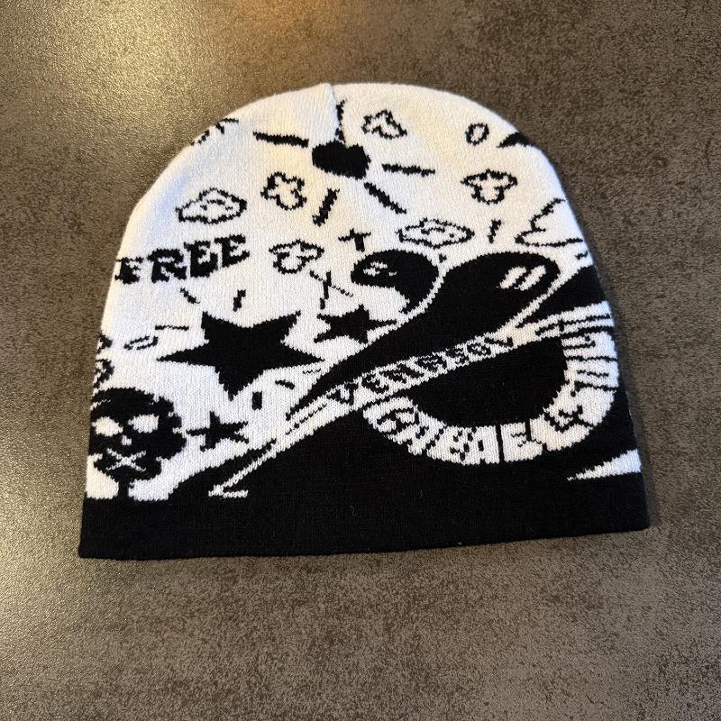 

New Fall Winter Jacquard Knit Beanie - Skull Ghost Star Pattern Warm Slouchy Hat for Men Women Cold Weather Headwear Supplies чёрный