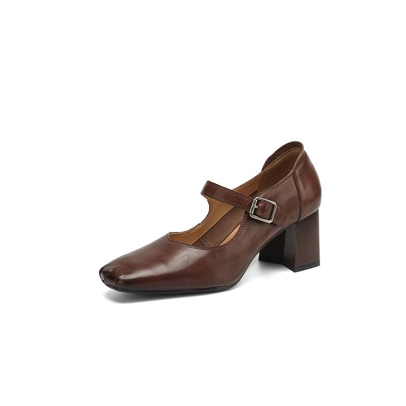 Krazing Pot Módní jarní a podzimní boty s hrubým podpatkem a přezkami, dámské boty Mary Janes s čtvercovou špičkou a lodičky z kravské kůže