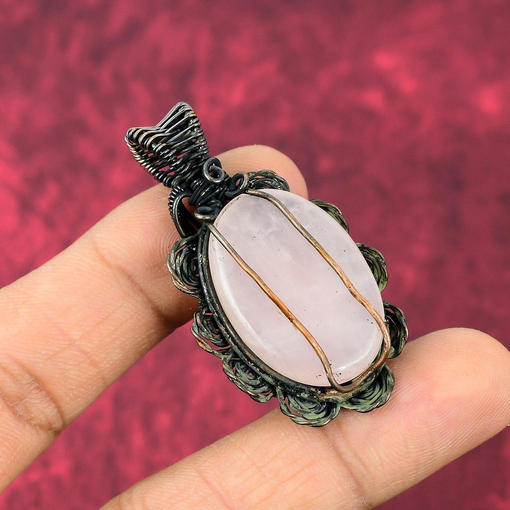 Rose Quartz Pendant Copper Wire Wrapped Pendant Handmade Pendant Wire Wrap Jewelry Gemstone Flower Pendant Copper Jewelry Anniversary Gifts