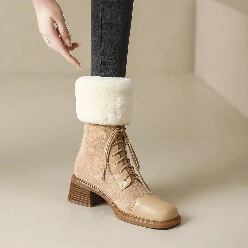 

Женские зимние ботинки из мягкой кожи, нескользящие, с толстым плюшем, из искусственной замши и меха, теплые, на хлопковой подкладке, на платформе до щиколотки, ботильоны Mujer24 35 абрикосовый