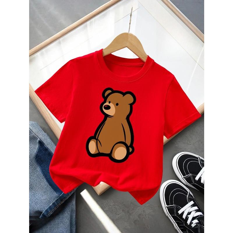 Kids Crewneck T-Shirt, Sitting Brown Teddy Bear Graphic Breathable Casual Summer Short Sleeve Top