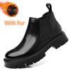 Slip on Leather Basic Boots Man Round Toe Style Outdoor Motorcycle Boots Warm Plush Fur Winter Boots for Men Comfy Outdoor Shoes