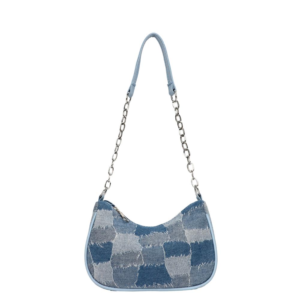 Vielseitige karierte Jeanstasche für Damen, eine Schulter, weiches Leder, karierte Kette, Unterarmtasche, französische Mode, lässig