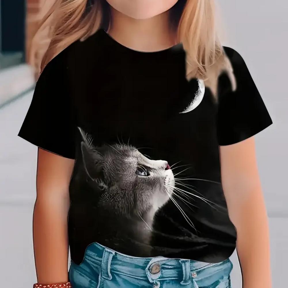Kids Girls Clothes Print Cute Cat Graphic T Shirts Summer Fashions Casual Crew Neck Short Sleeves Streetwear T-Shirt for Girls