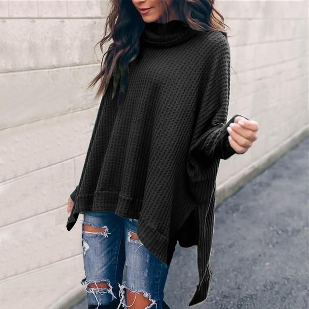 Women Solid Color Asymmetric Neck Long Sleeve Knitted Sweater