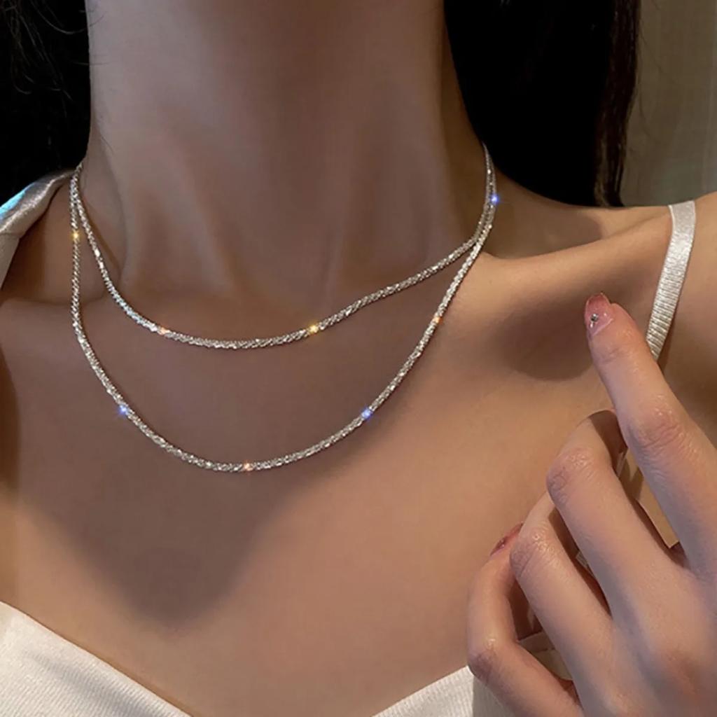 Classic Simple Shiny Double Layer Pendant Cross Pendant Necklace for Women Charm Pearl Collarbone Chain Jewelry Accessory Gift