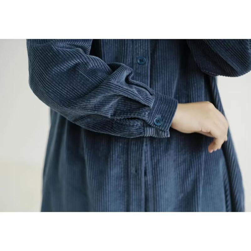 Women's Peter Pan Collar Long Sleeve Maxi Dress Loose Fit Elastic Waist Vintage Solid Corduroy Shirt Dress With Button Front