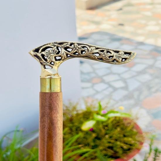 91.44 cm Victorian Flower Engraved Walking Stick, Royal Head Handle Special Carving Design Walking Stick, Brass Wooden Cane
