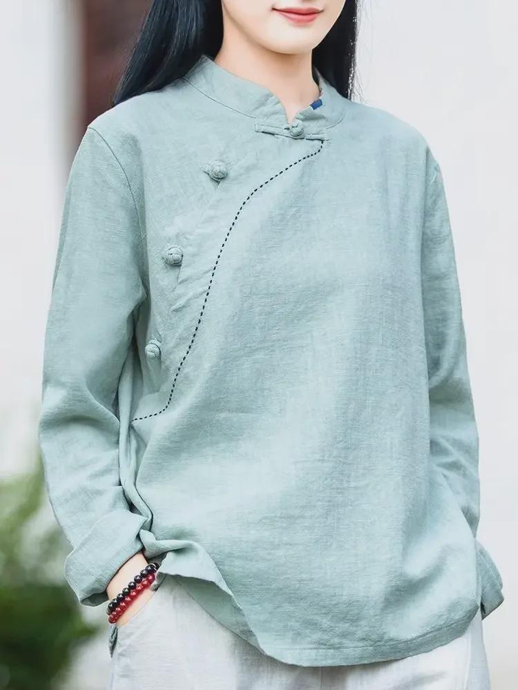 

Женский хлопковый льняной топ в стиле ретро с длинными рукавами: Весна/Лето, облегающий крой, воротник-стойка/асимметричный XL