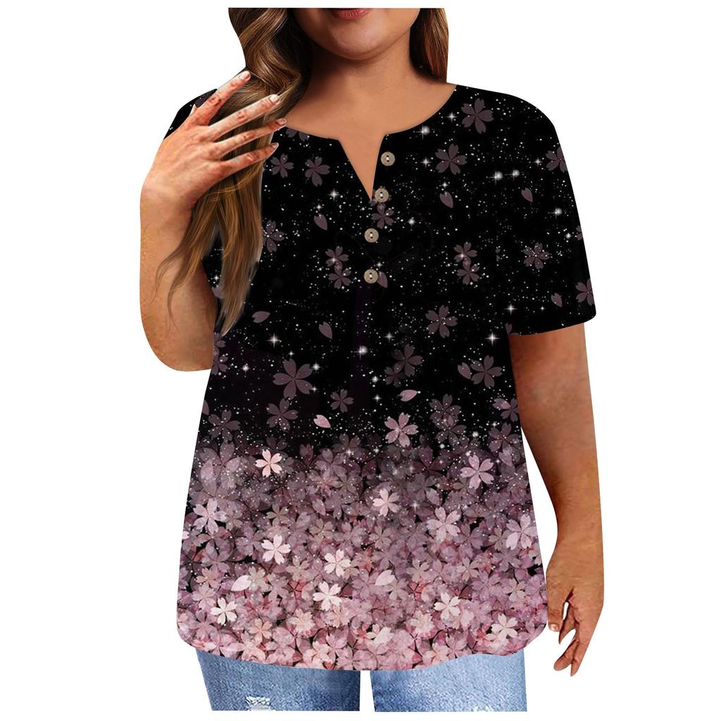Women's Short Sleeve Shirt Button Plus Size T-Shirt Flower Printed Casual Tops