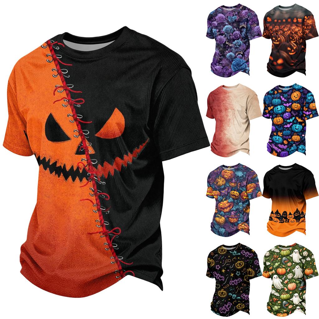 Herren Casual Corduroy Kurzarm Rundhals Leicht Atmungsaktiv Oberteil Halloween-Thema Aufdruck Bequeme Passform