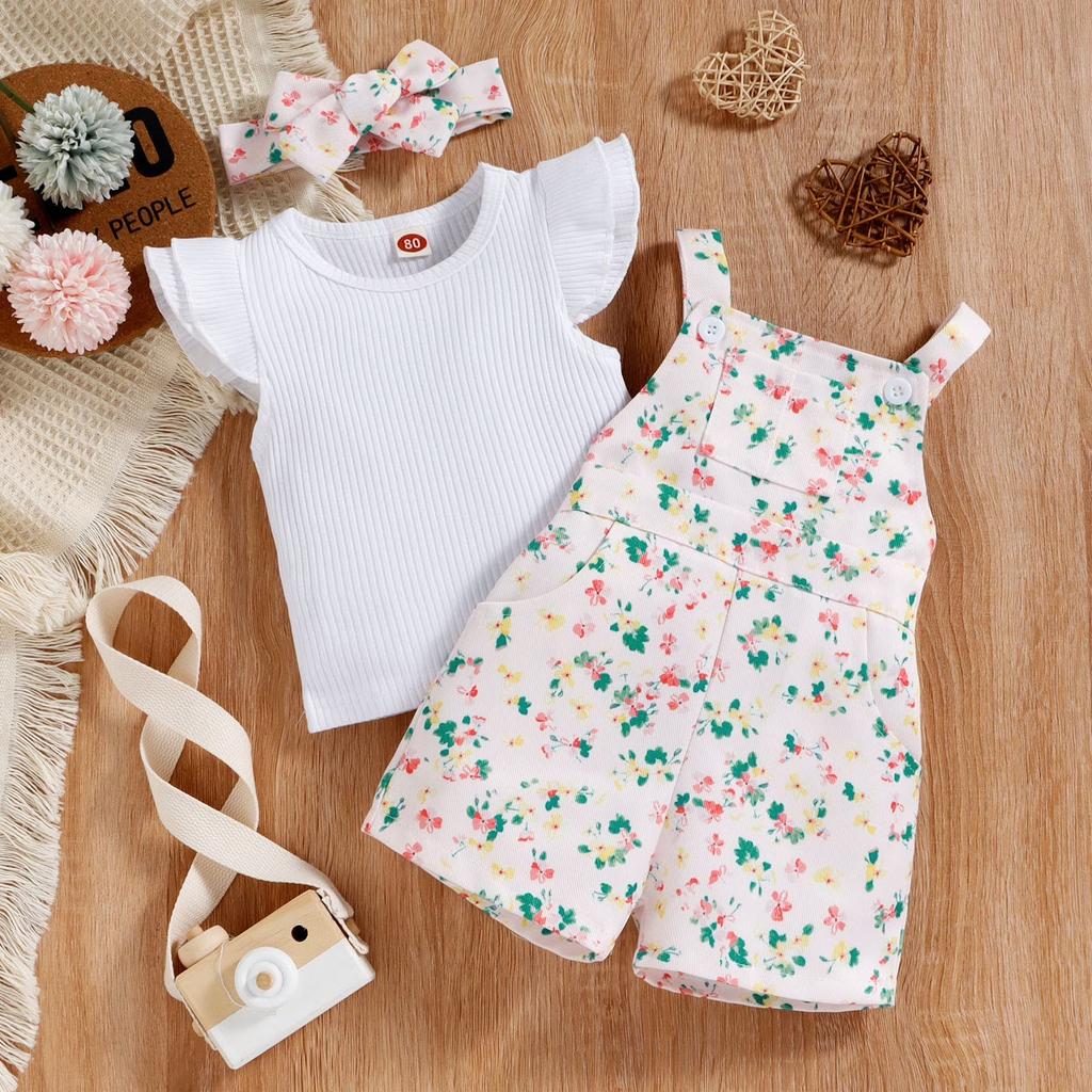 Toddler Girls Short Sleeve Top with Floral Print Overalls and Matching Headband Set Soft Fabric Comfortable Fit Summer Outfit