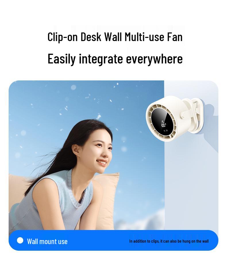 New High-Speed Clip-On Fan: 100 Gears, Digital Display, Wall-Mountable, Rechargeable for Home or Office Use