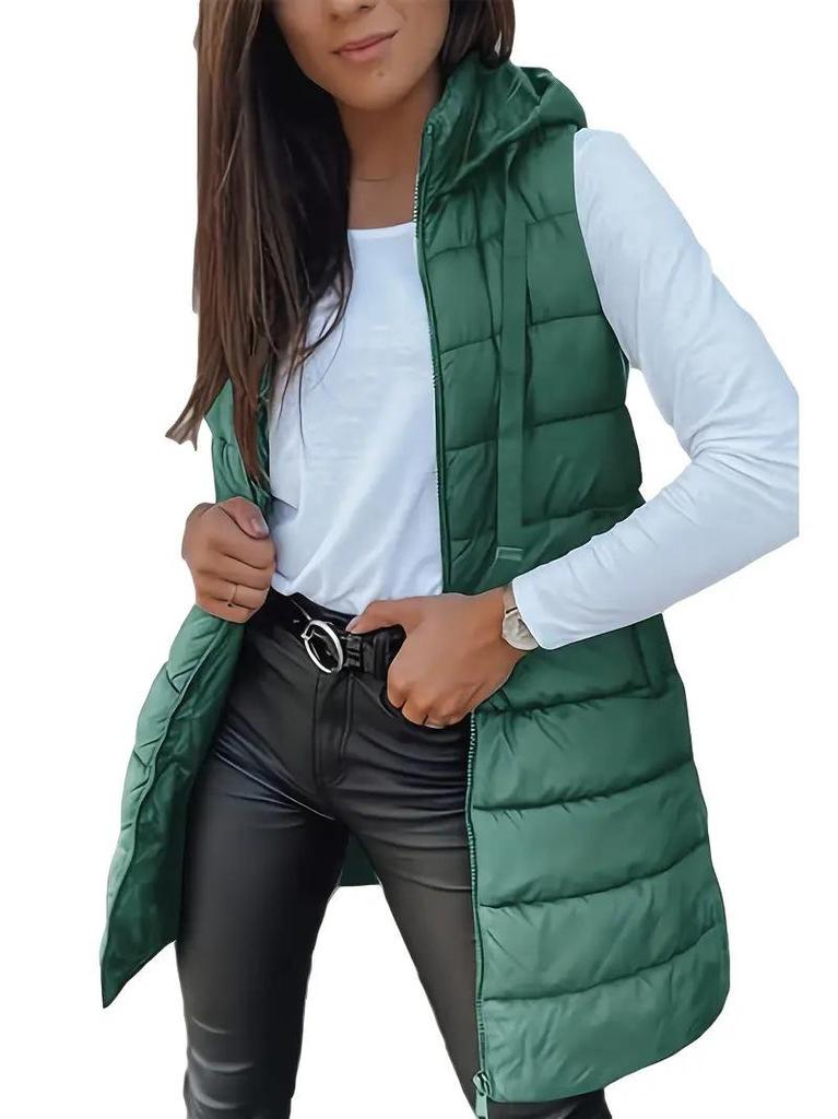 Women's Mid-Length Plus Size Solid Color Hooded Zipper Vest Jacket - Europe 2025 Collection