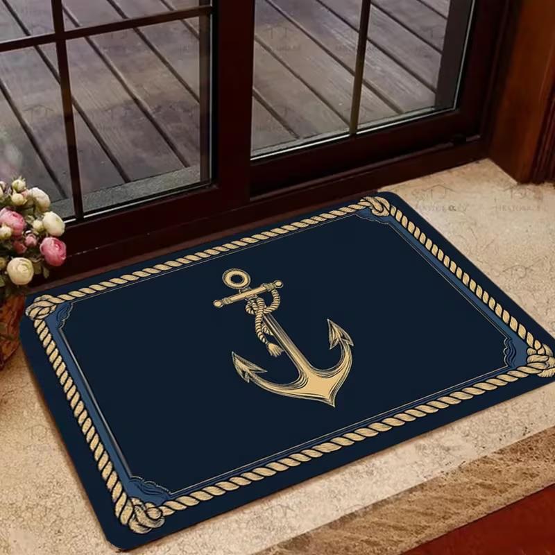 Marineblau Goldener Anker Nautische Seilrand Fußmatte Rutschfest Küsten Segler Willkommensmatte Klassischer Marine-Stil Dekor Teppich