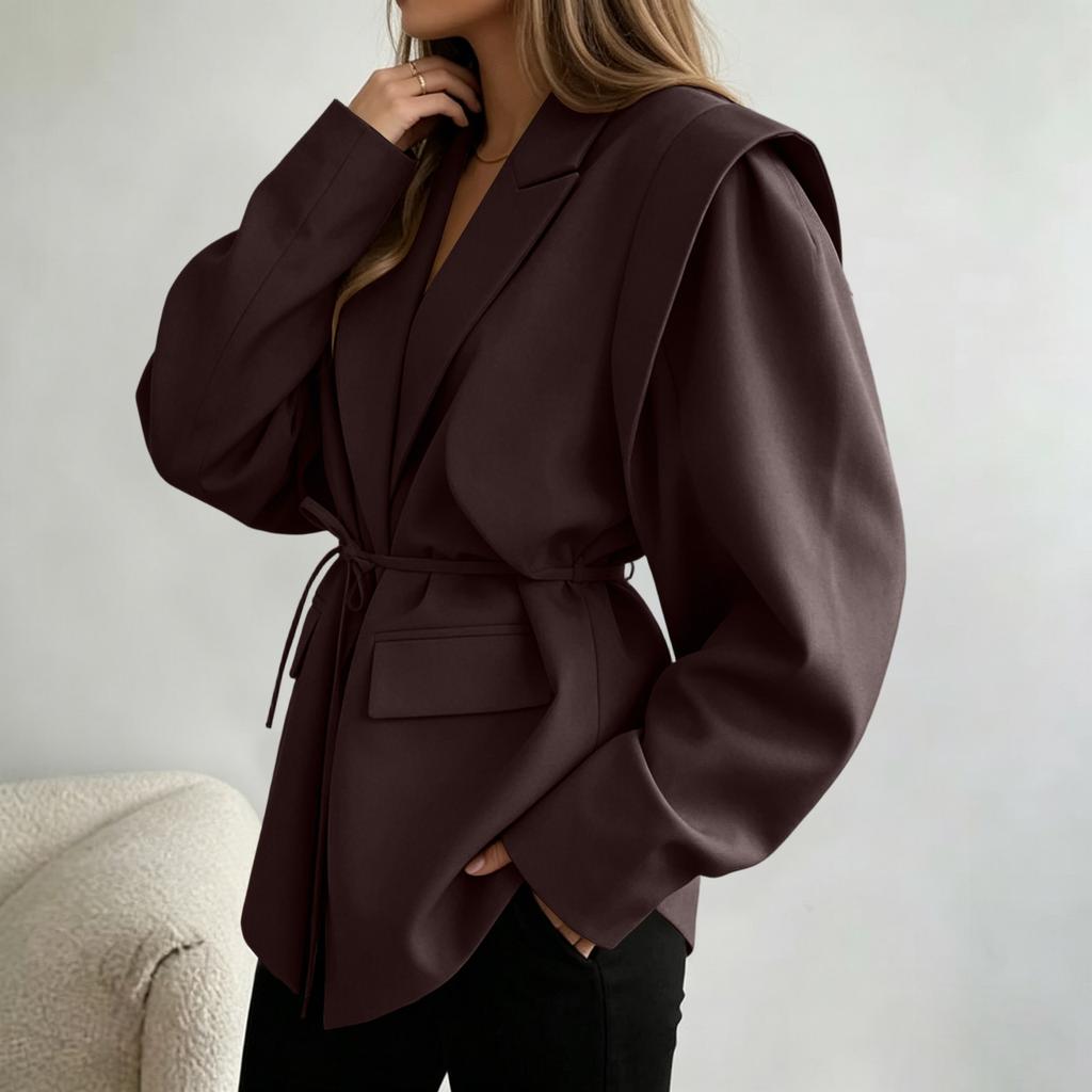 Women's V-Neck Loose Fit Tie Waist Jacket for Fall - Flattering Coat for Casual Daily Wear