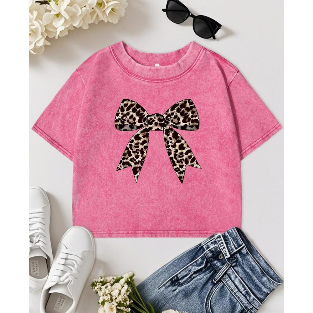 

Y2K Leopard Print Bow Printed Women Washed Crop T-Shirt Cotton Casual Tee Top Street Short Sleeve Y2K Slim T Shirts M
