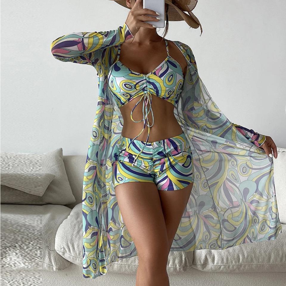 Msfilia Women's Swimsuit Split Three Piece Set High Waist Long Sleeve Ins Overshirt Drawstring Printed Bikini Suits