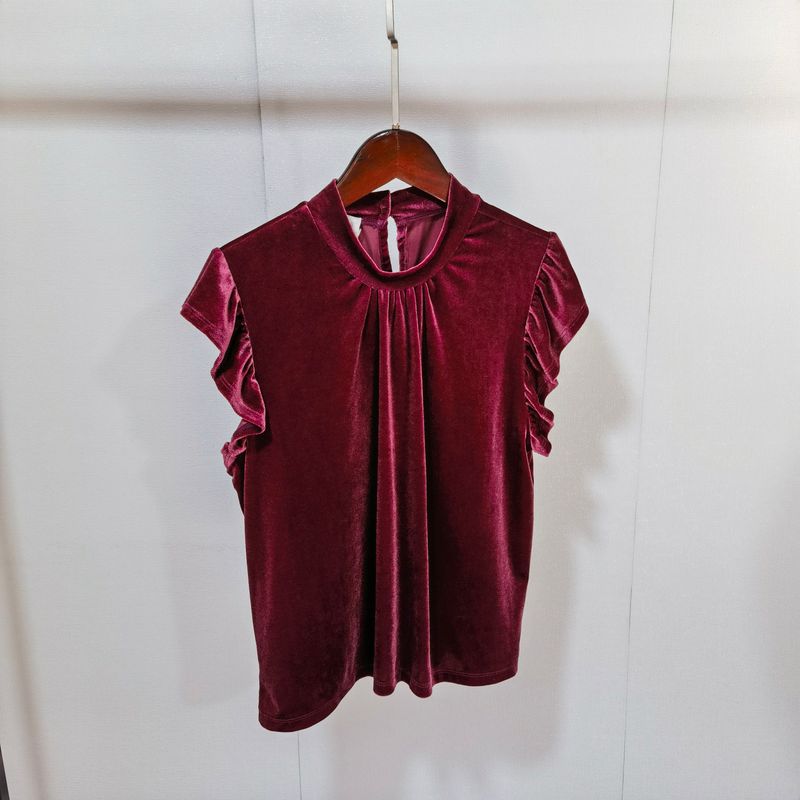 

Бархатная футболка с коротким рукавом «летучая мышь» и полуворотником, женская футболка с коротким рукавом из бархата с полуворотником, женский топ-пеплум Wine Red S