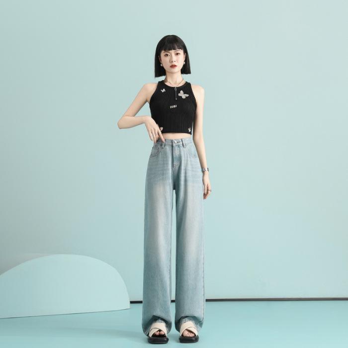 

Теннисные джинсы для женщин Летом Тонкие супермягкие фактурные джинсы с высокой талией, скользящие по полу, широкие джинсы для женщин Летом, скользящие по полу брюки для женщин 2XL