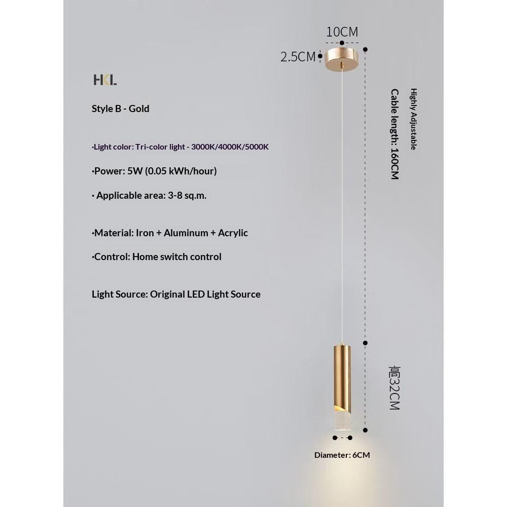 Bedroom Bedside Pendant Light, Modern Minimalist Cylindrical Minimalist Electroplated Long Line Pendant Light