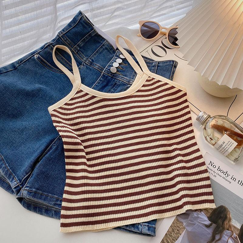 Women's Casual White&Green Striped Knitted Crop Top Korea O-Neck Female Multi Color Optional Striped Knitted Tank Top