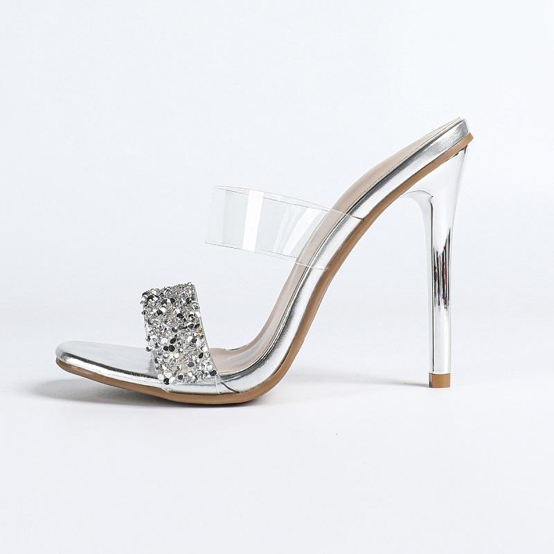 Pesstwei Bling Crystal PVC Transparent Square Toe Woman Slippers Street Style Thin High Heels Banquet Prom Shoes