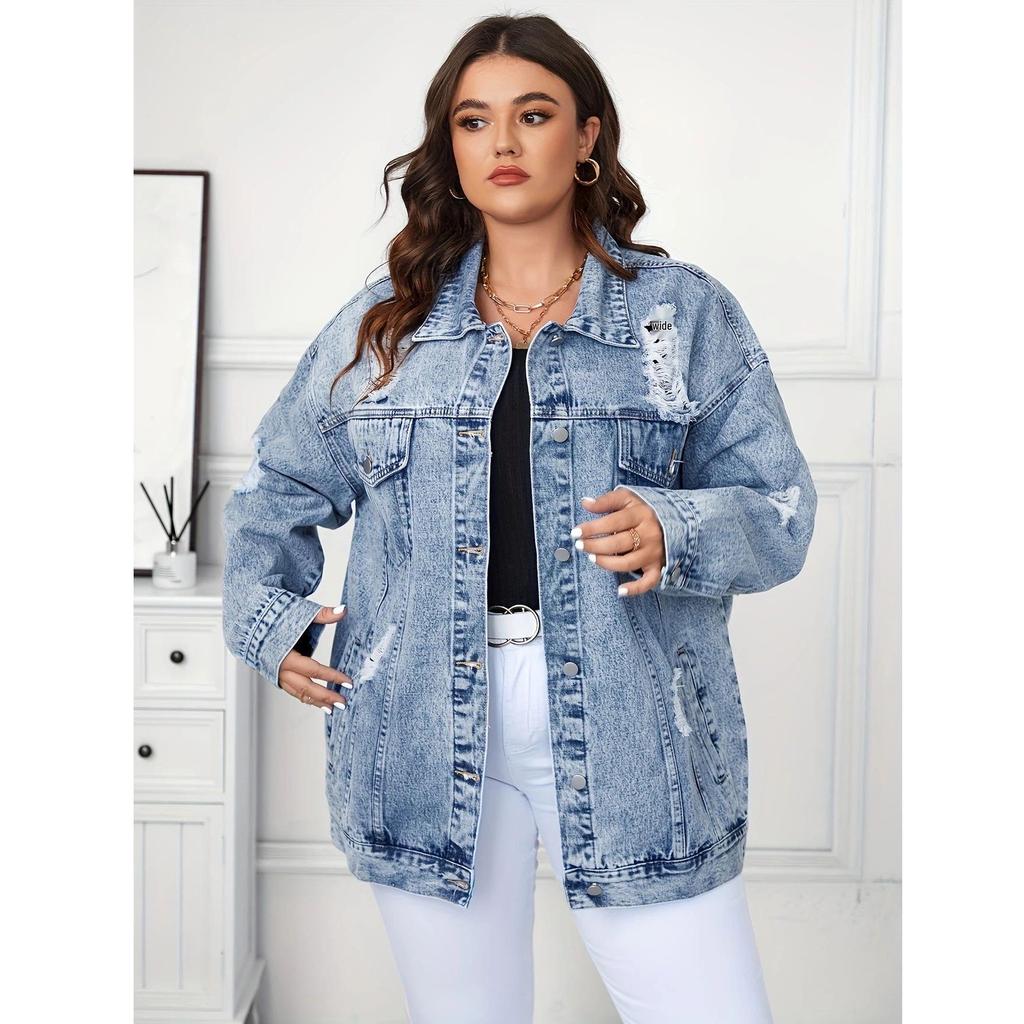 Women's Retro Worn-out Denim Jacket - European Street Style, Loose Fit for Spring and Autumn